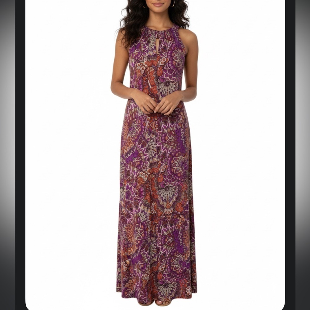 Kasper New Without Tags Purple Multi Boho Floral Halter Maxi Dress - L/XL
